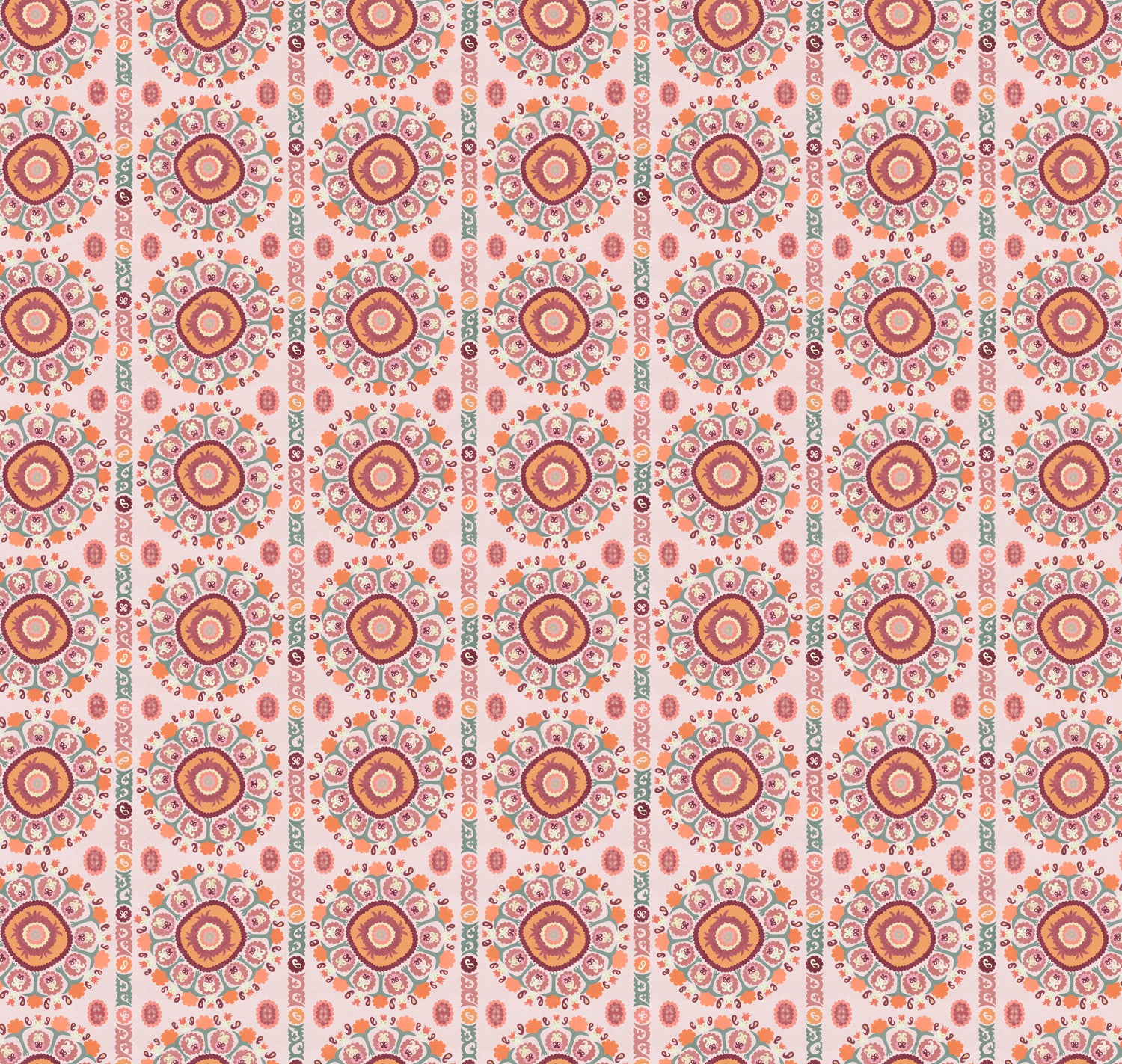 Full repeat image of a hand-drawn Suzani motif in shades of pink, orange and slate blue on a pale pink ground.
