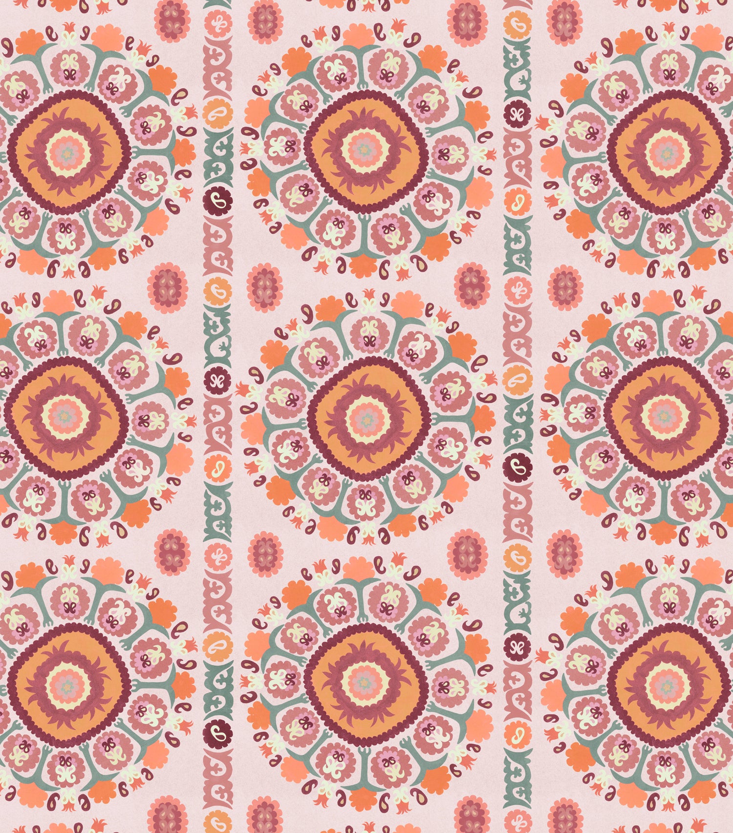 Detail of a hand-drawn Suzani motif in shades of pink, orange and slate blue on a pale pink ground.