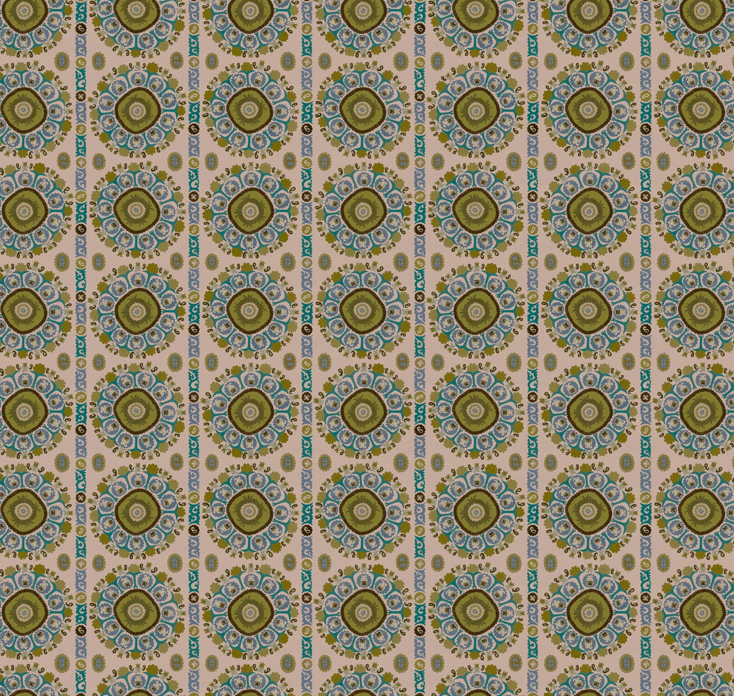 Full repeat image of a hand-drawn Suzani motif in shades of olive green, turquoise and brown on a blush pink ground.