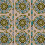Detail of a hand-drawn Suzani motif in shades of olive green, turquoise and brown on a blush pink ground.