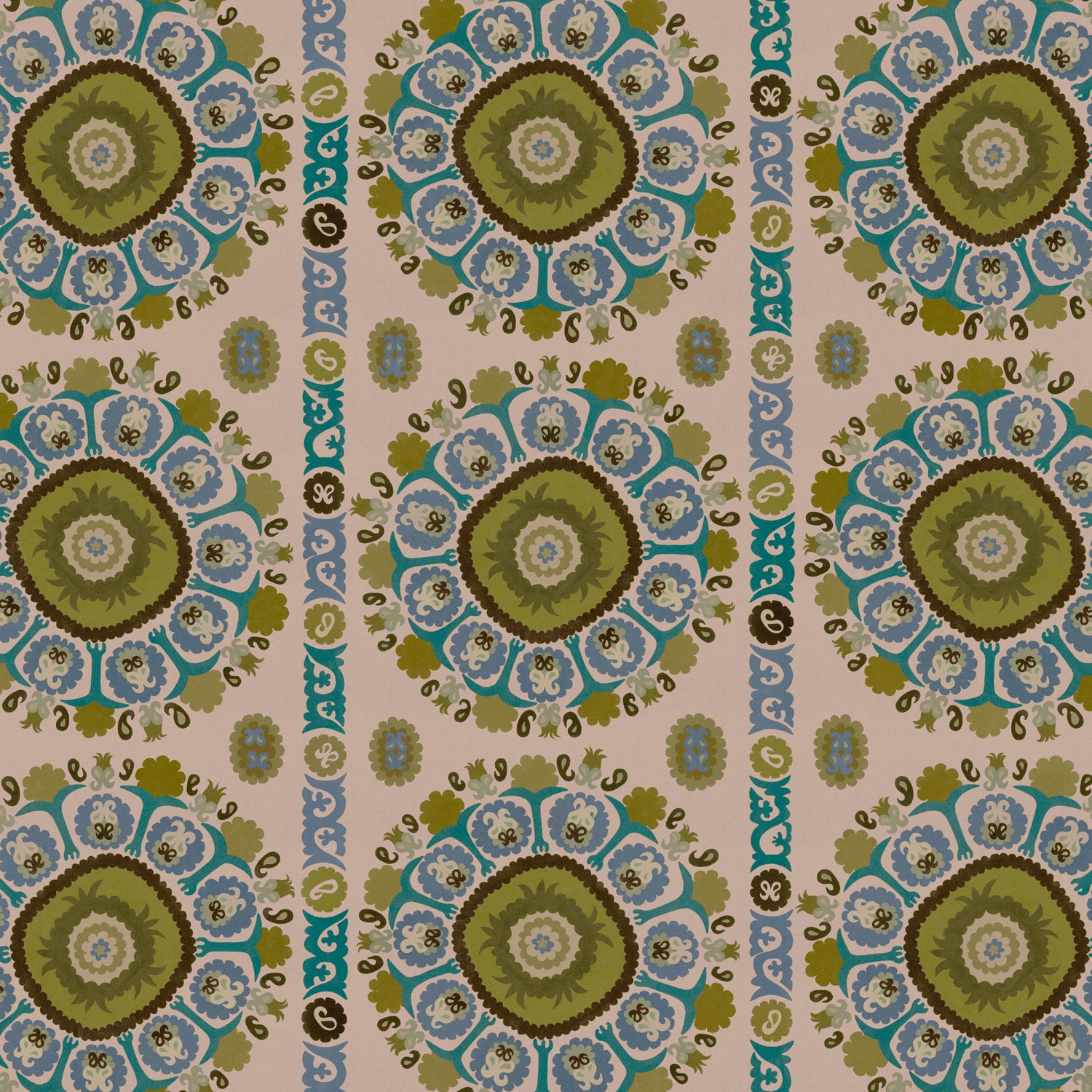 Detail of a hand-drawn Suzani motif in shades of olive green, turquoise and brown on a blush pink ground.