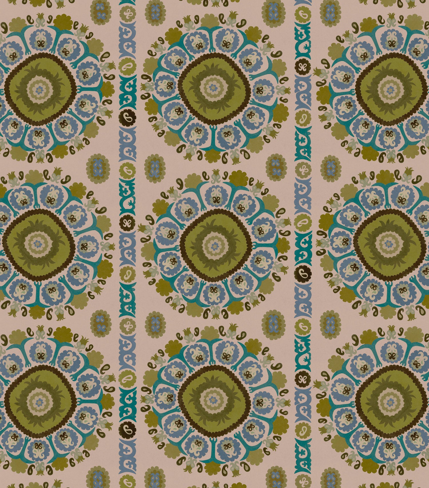 Detail of a hand-drawn Suzani motif in shades of olive green, turquoise and brown on a blush pink ground.