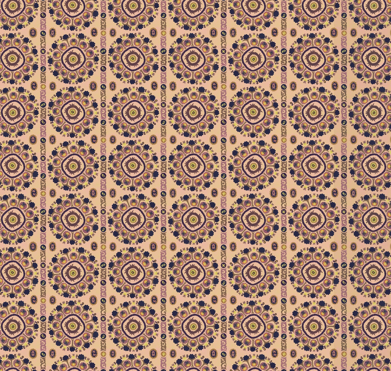 Full repeat image of a hand-drawn Suzani motif in shades of purple, brown and lime green on a buff pink ground.