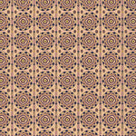 Full repeat image of a hand-drawn Suzani motif in shades of purple, brown and lime green on a buff pink ground.
