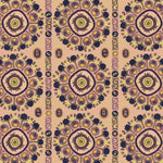 Detail of a hand-drawn Suzani motif in shades of purple, brown and lime green on a buff pink ground.
