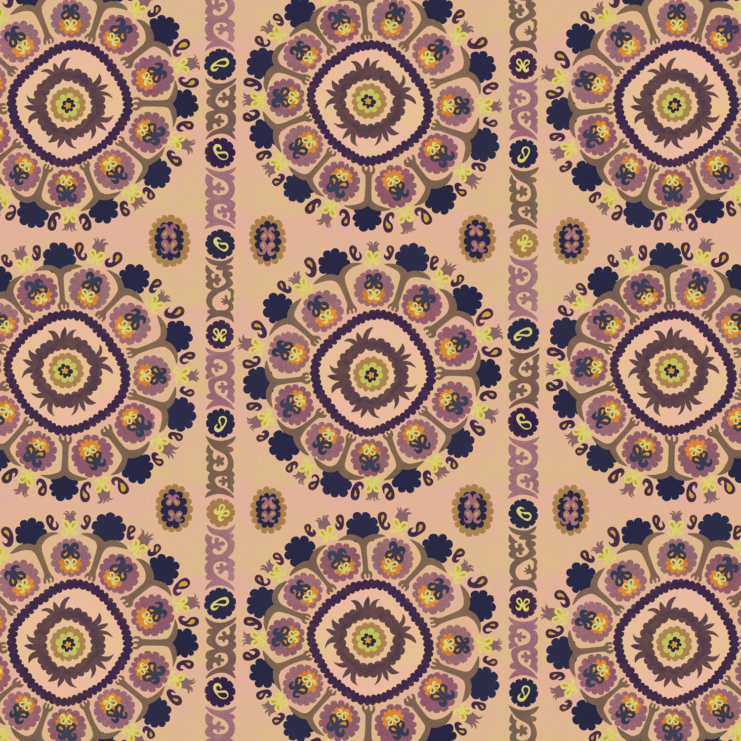 Detail of a hand-drawn Suzani motif in shades of purple, brown and lime green on a buff pink ground.