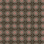 Full repeat image of a hand-drawn Suzani motif in shades of pink, turquoise and brown on a dull black ground.
