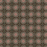 Full repeat image of a hand-drawn Suzani motif in shades of pink, turquoise and brown on a dull black ground.