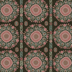 Detail of a hand-drawn Suzani motif in shades of pink, turquoise and brown on a dull black ground.