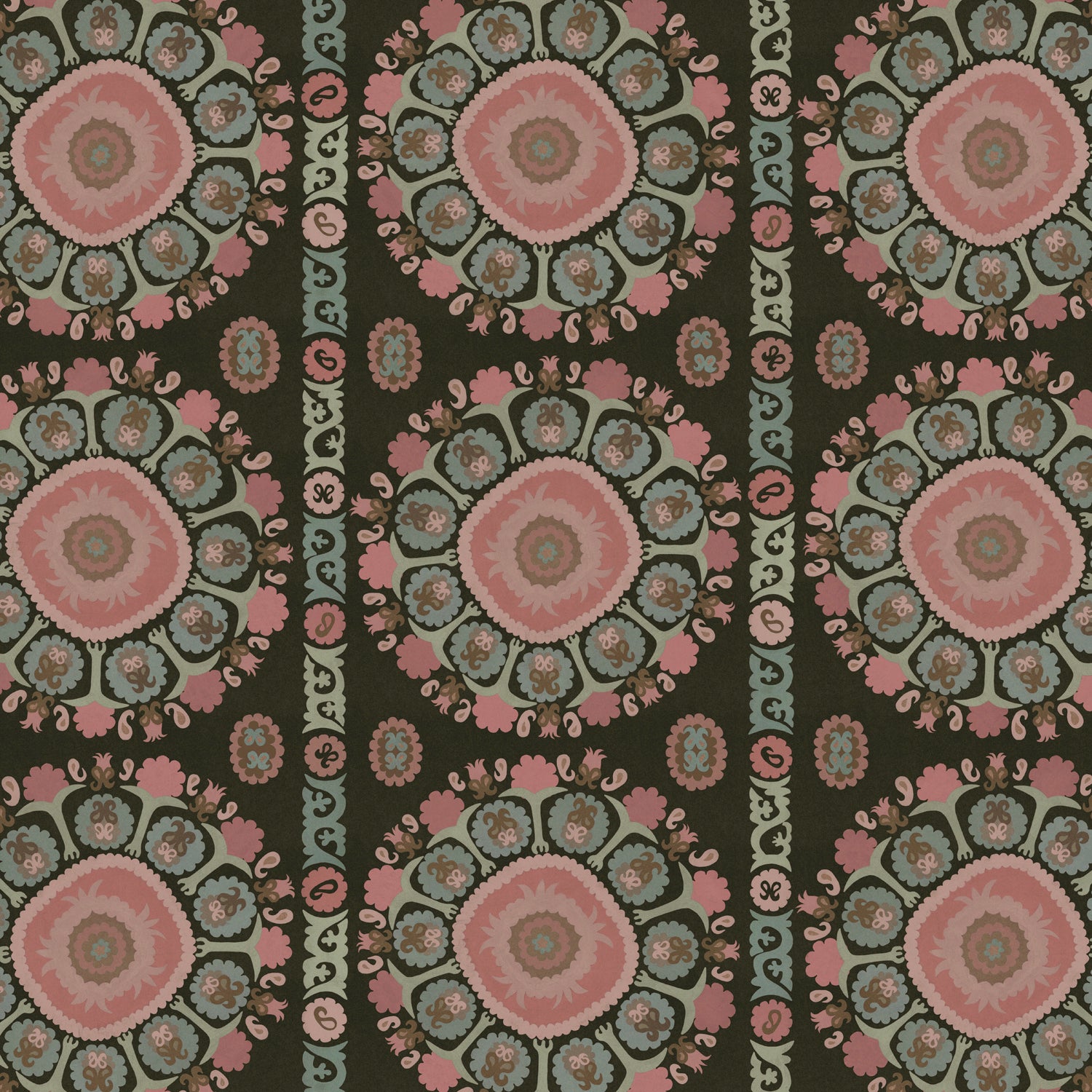 Detail of a hand-drawn Suzani motif in shades of pink, turquoise and brown on a dull black ground.