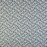 Detail of fabric in painterly diamond print in blue and navy on a white field.