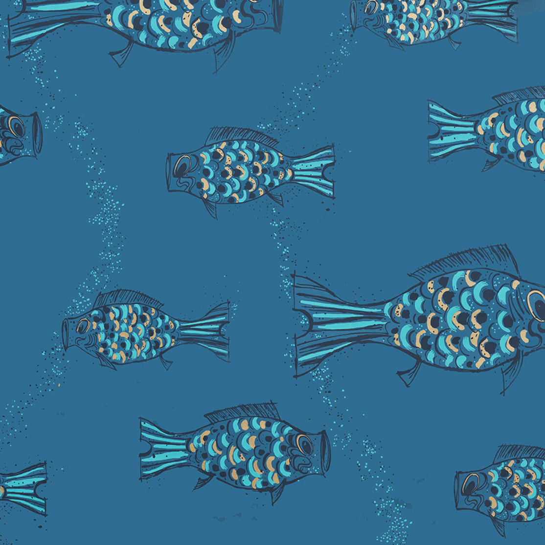 Close up of wallpaper with a pattern of hand-drawn fish in navy blue with tan and blue scales and scattered navy blue bubble dots on dark blue.