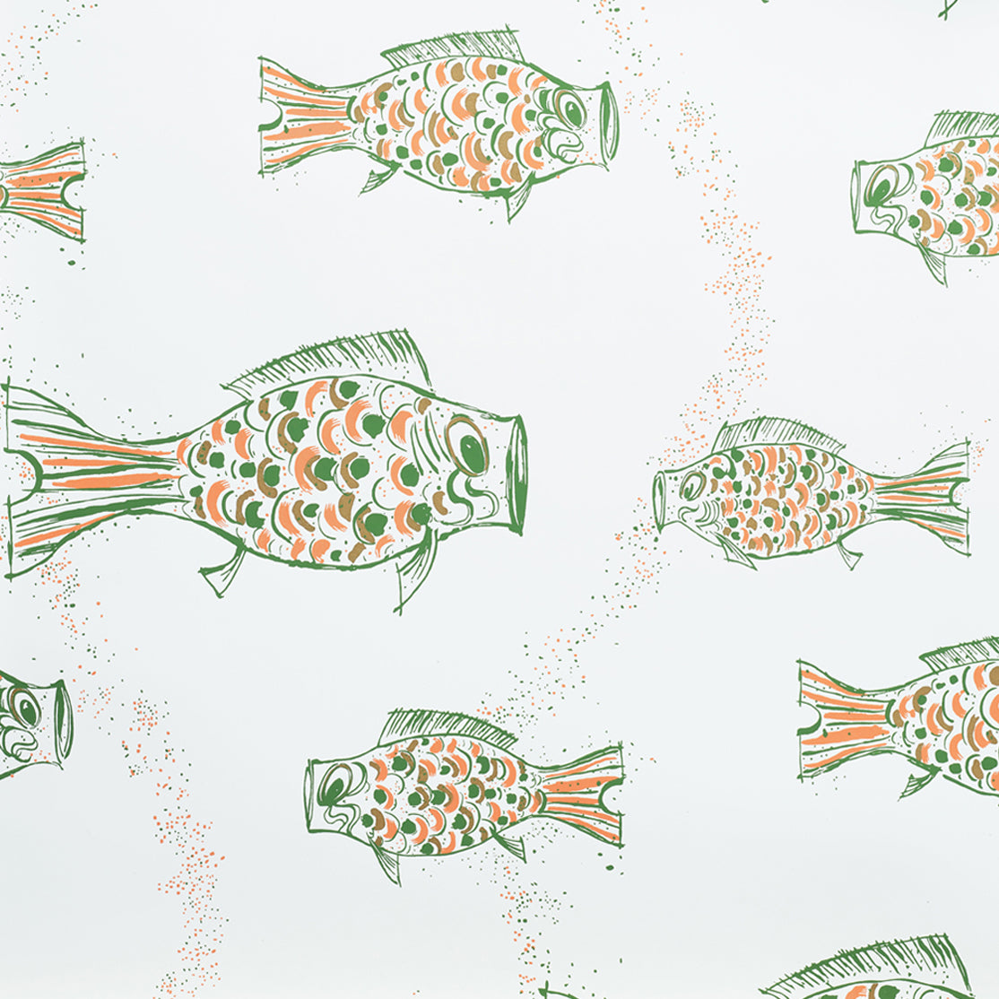 Close up of wallpaper with a pattern of hand-drawn fish in green with brown and orange scales and scattered bubble dots on white.