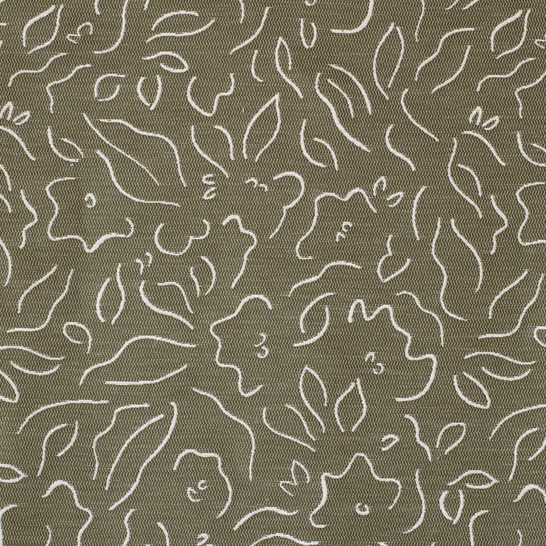 Detail of fabric in a minimalist floral print in cream on an olive field.