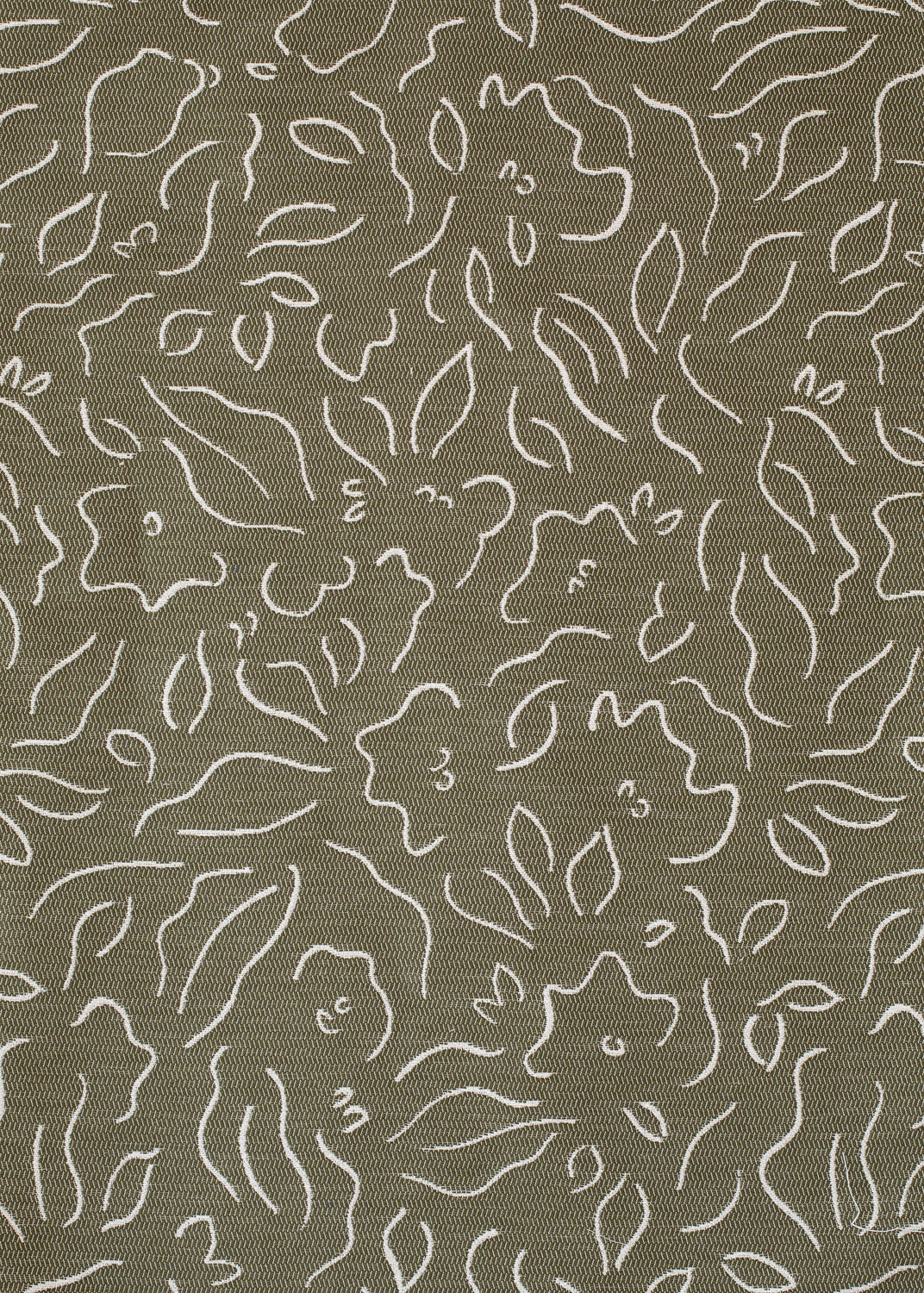 Detail of fabric in a minimalist floral print in cream on an olive field.