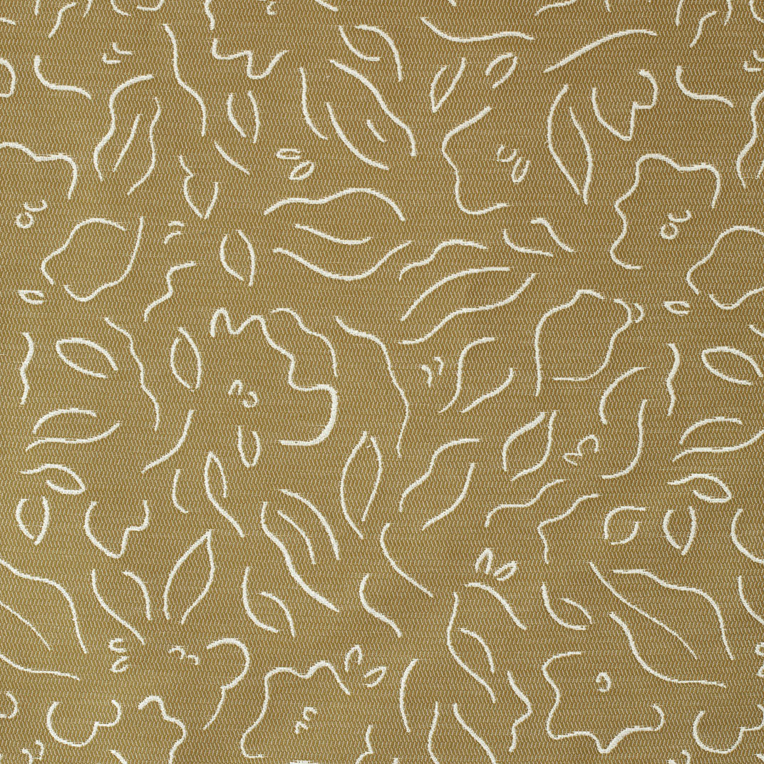 Detail of fabric in a minimalist floral print in cream on a brown field.