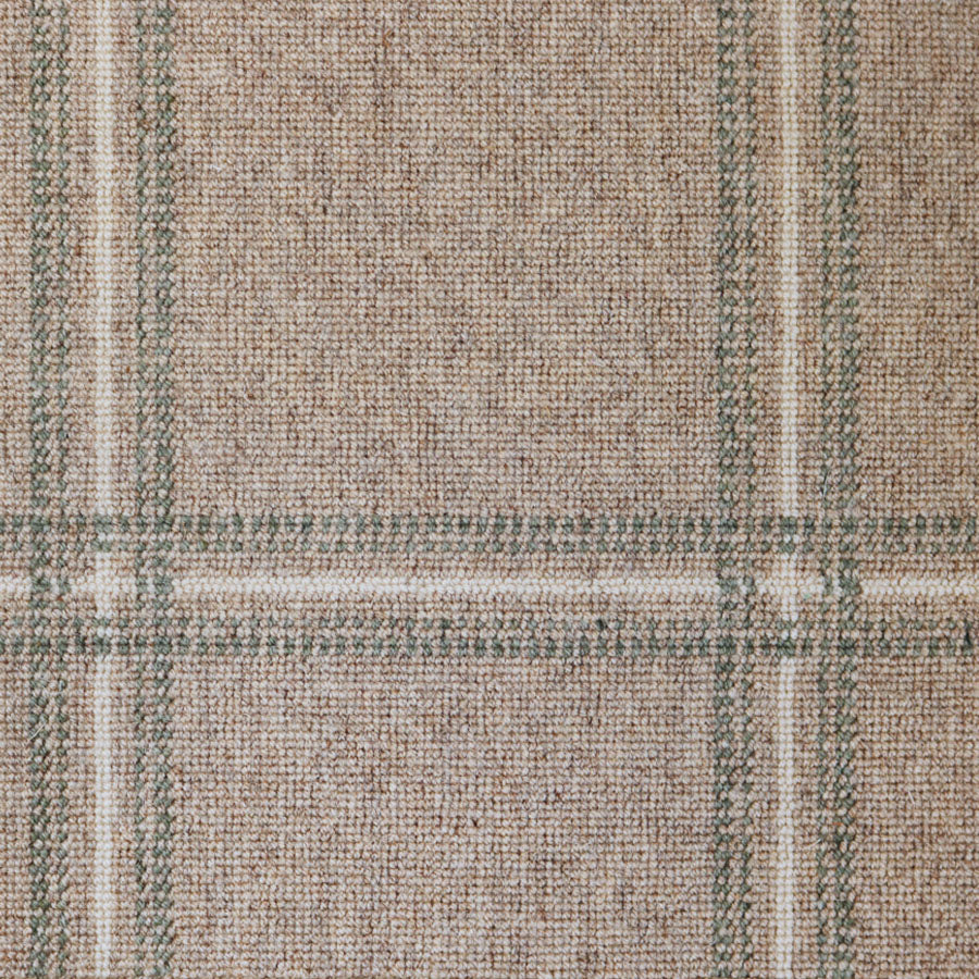 Broadloom carpet with window pane check in white and green on oatmeal