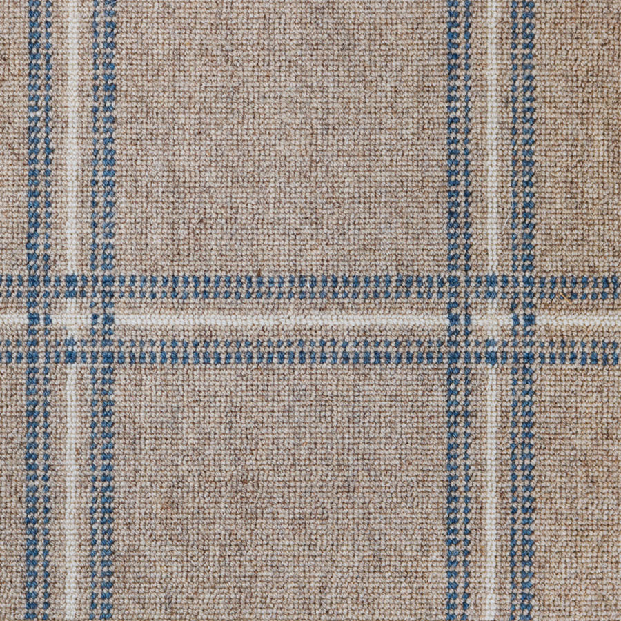 Broadloom carpet with window pane check in white and blue on oatmeal