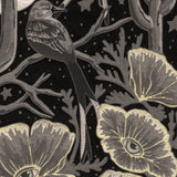 Detail of wallpaper in a statement desert print with a cactus, birds, flowers and moon. Colors are gray and tan.