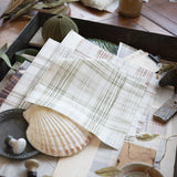 Desk setting with layered plaid printed fabrics with natural specimens 