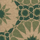 Detail of fabric in a geometric Moroccan print in shades of green and tan.