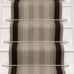 Striped flatweave runner in grey and black on white staircase
