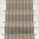 Striped flatweave runner in grey and black on white staircase