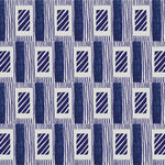 A close-up of a repeating geometric wallpaper featuring navy blue textured vertical bars, diagonal striped rectangles, and thin horizontal lines on a white background.
