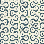 Detail of fabric in a curvilinear stripe pattern in navy and green on a cream field.