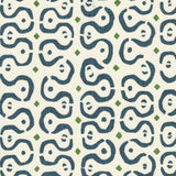 Detail of fabric in a curvilinear stripe pattern in navy and green on a cream field.