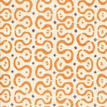 Detail of wallpaper in a curvilinear stripe pattern in orange and purple on a cream field.