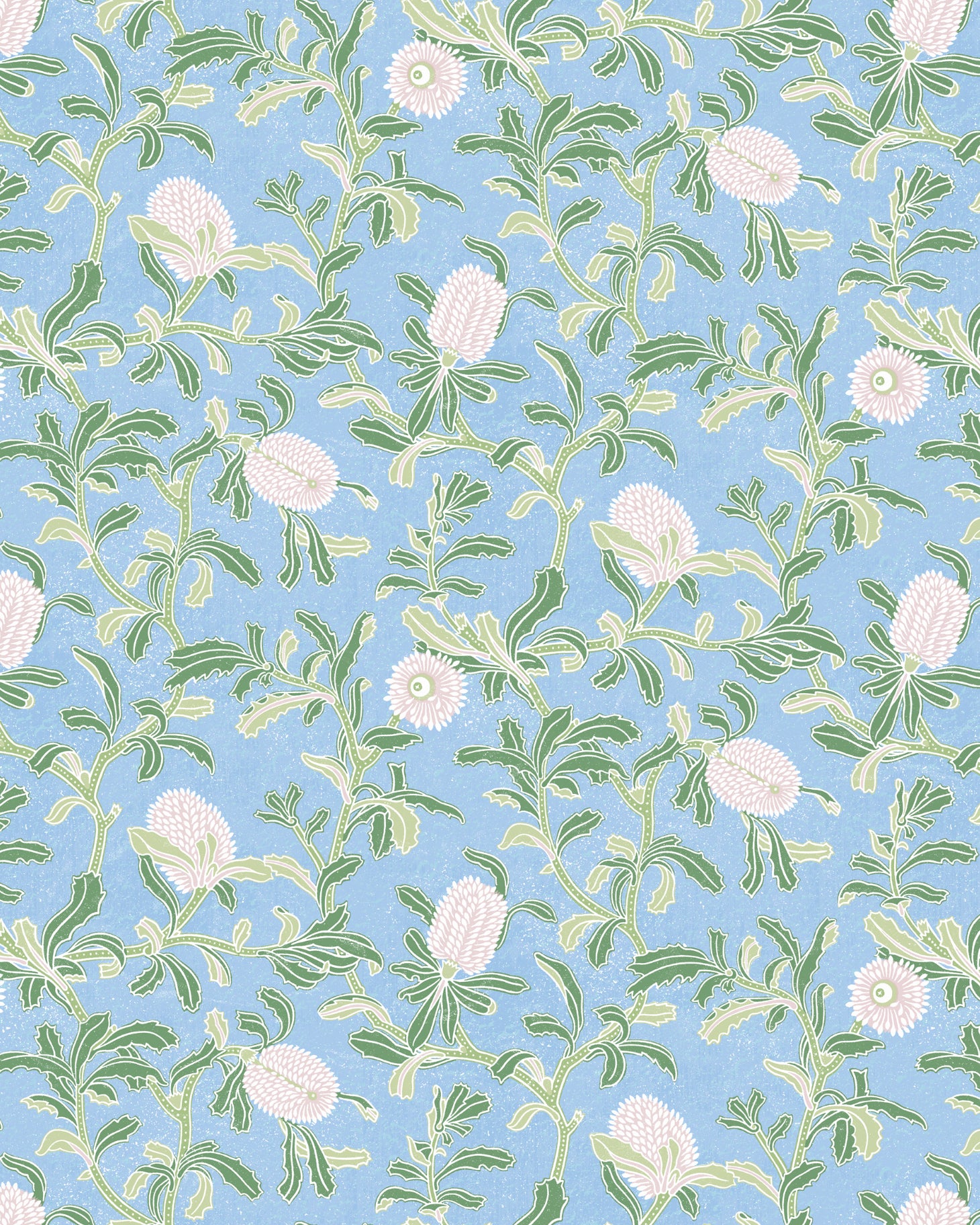 Detail of wallpaper in a floral print in shades of white and green on a light blue field.