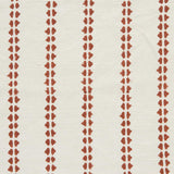 Detail of fabric in a playful ticking stripe print in rust on a white field.