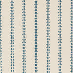 Detail of fabric in a playful ticking stripe print in navy on a cream field.