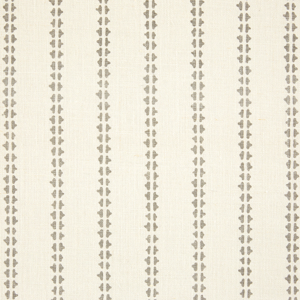 Detail of fabric in a playful ticking stripe print in brown on a cream field.