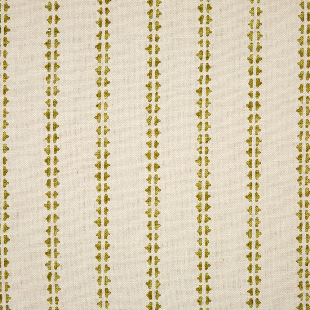Detail of fabric in a playful ticking stripe print in olive on a cream field.