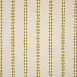 Detail of fabric in a playful ticking stripe print in olive on a cream field.