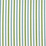 Detail of fabric in a small-scale stripe print in green and blue on a white field.