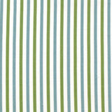 Detail of fabric in a small-scale stripe print in green and blue on a white field.