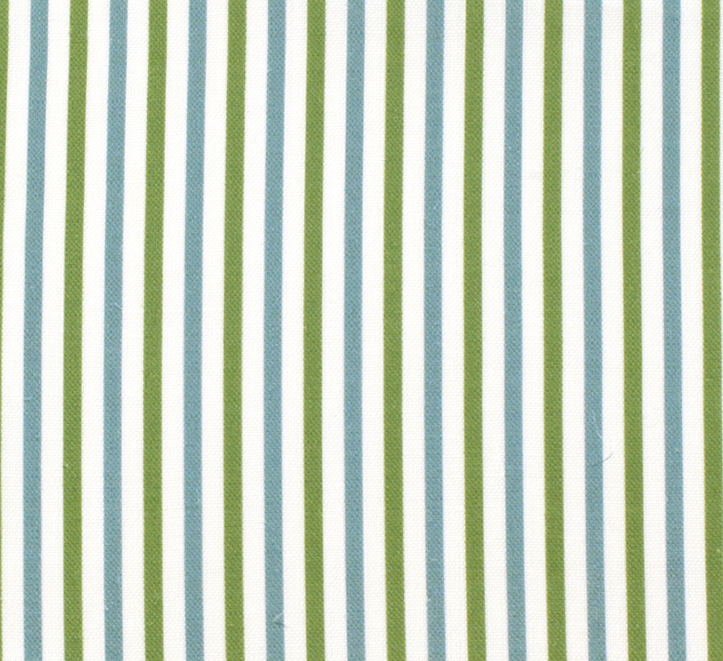 Detail of fabric in a small-scale stripe print in green and blue on a white field.