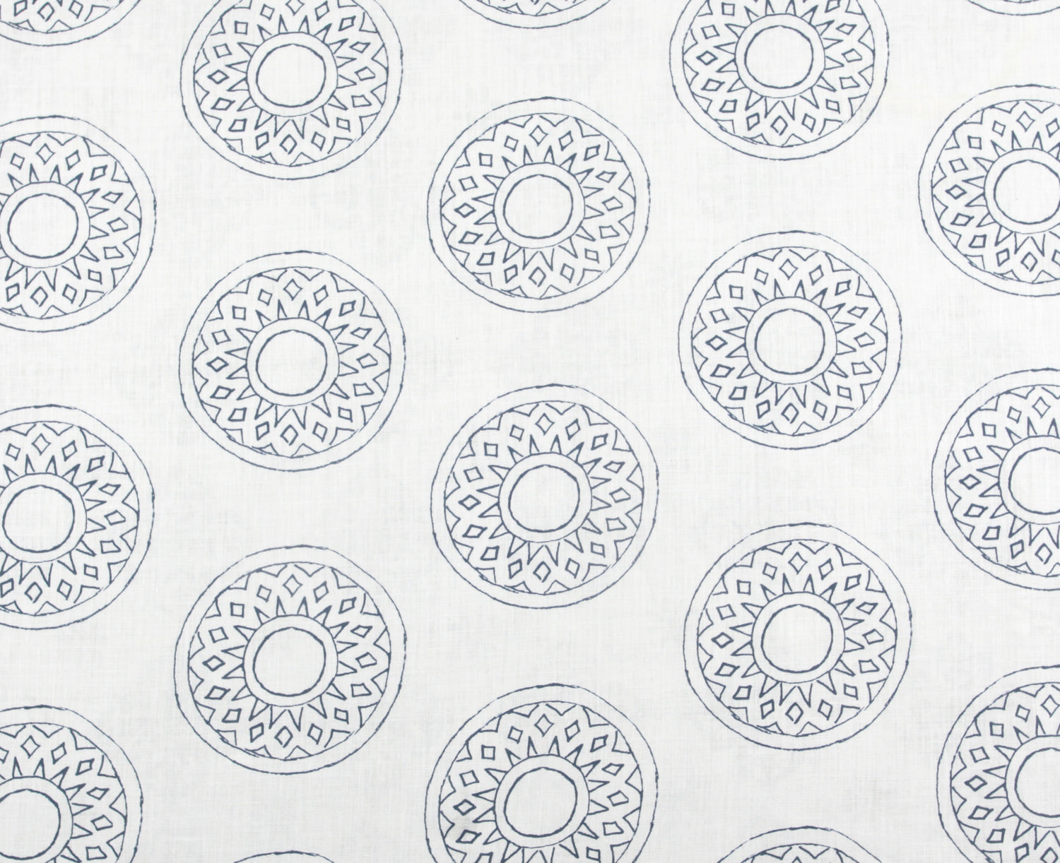 Detail of fabric in a repeating circular geometric print in gray on a white field.