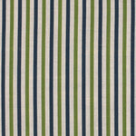 Detail of fabric in a small-scale stripe print in green and navy on a cream field.