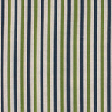 Detail of fabric in a small-scale stripe print in green and navy on a cream field.