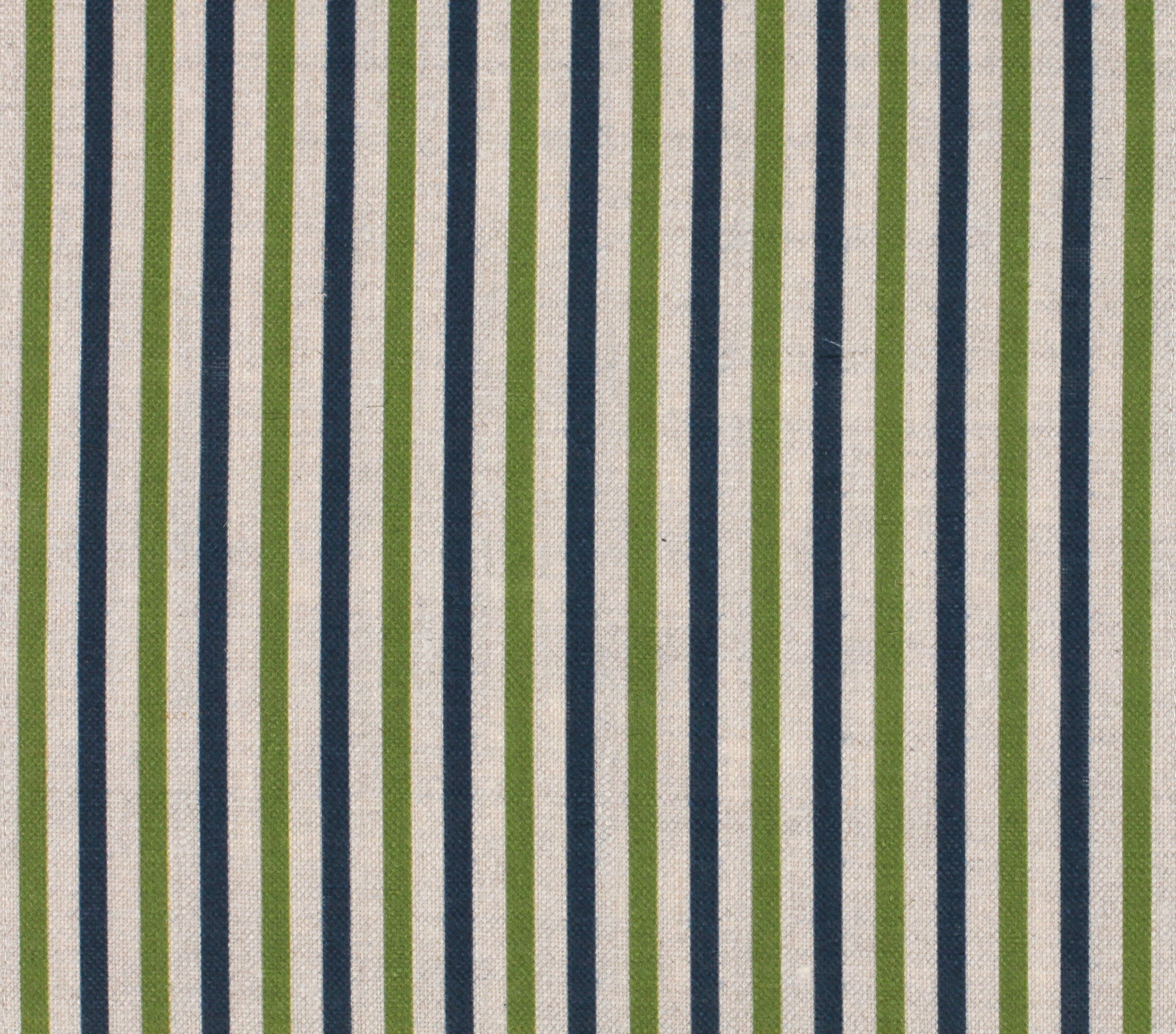 Detail of fabric in a small-scale stripe print in green and navy on a cream field.