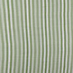 Detail of fabric in a small-scale stripe print in green on a greige field.
