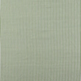 Detail of fabric in a small-scale stripe print in green on a greige field.