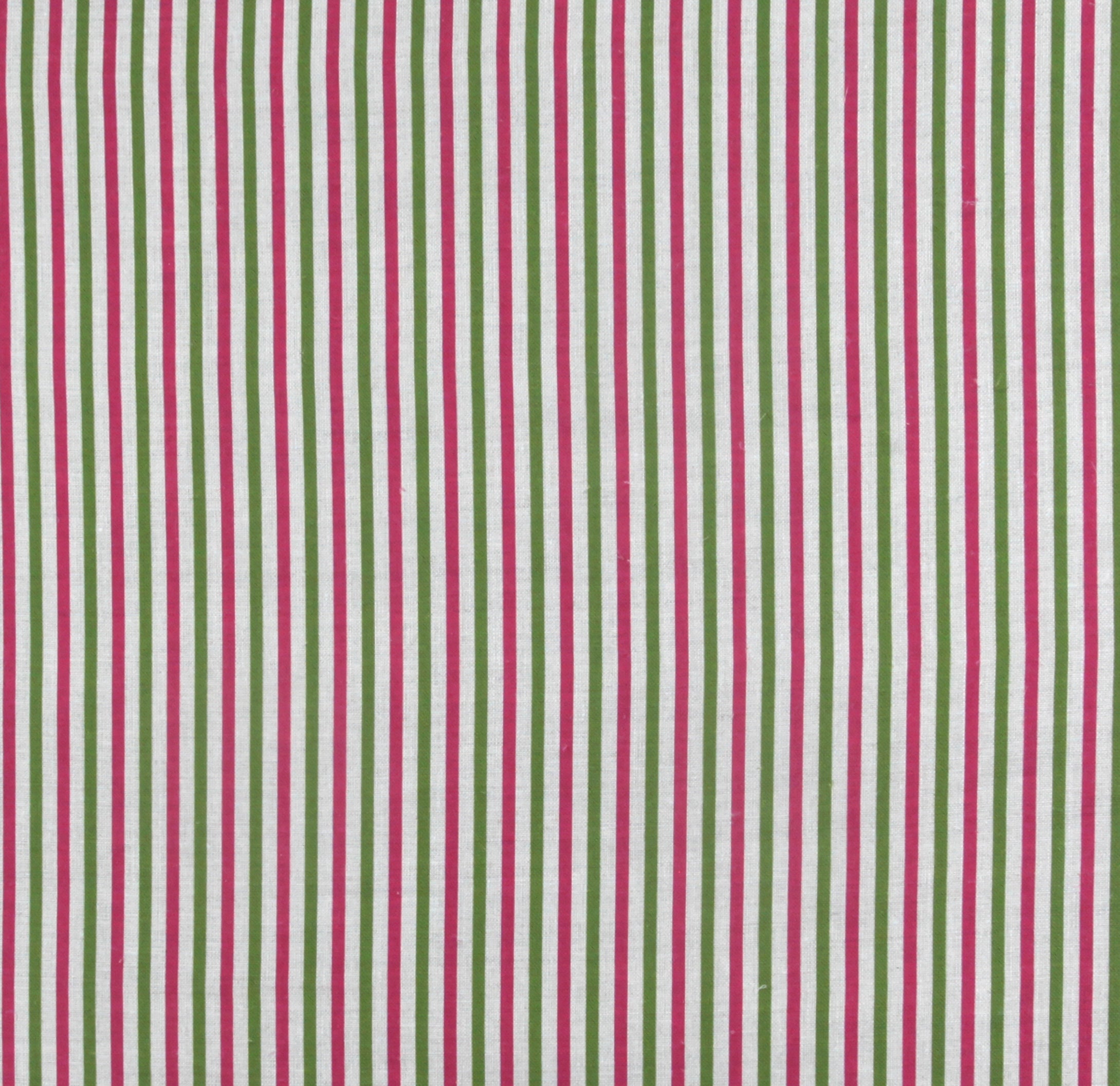 Detail of fabric in a small-scale stripe print in green and fuchsia on a greige field.