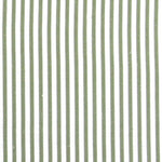 Detail of fabric in a small-scale stripe print in sage on a white field.