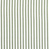 Detail of fabric in a small-scale stripe print in sage on a white field.