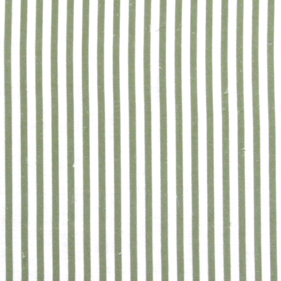 Detail of fabric in a small-scale stripe print in sage on a white field.